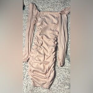Pink Ruched Bodycon Dress with Bishop Sleeves for Cocktail